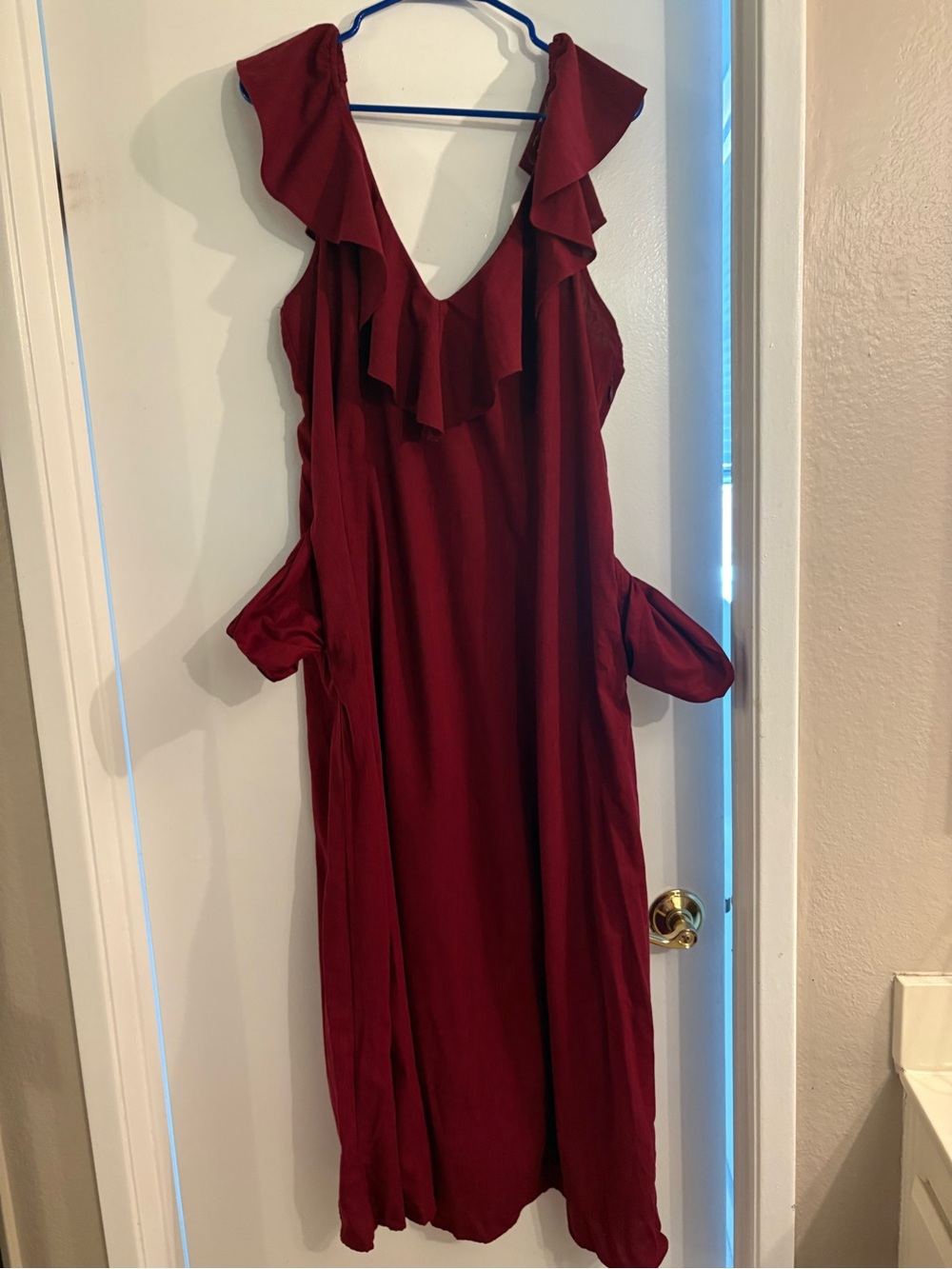 American Threads Burgundy Ruffled V-Neck Midi Dress - Picture 5 of 12